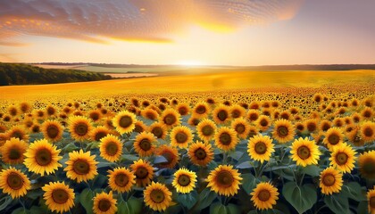 Obraz premium field of sunflowers at sunset