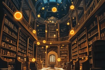 Grand and enchanting library filled with books and glowing orbs