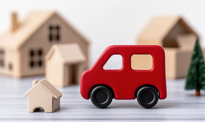 Colorful Red Toy Car and Miniature Houses on a Light Wooden Surface with Green Tree Accents, Ideal for Childhood Imagination and Playful Design Themes