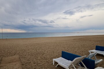 Beach empty loungers. High quality photo