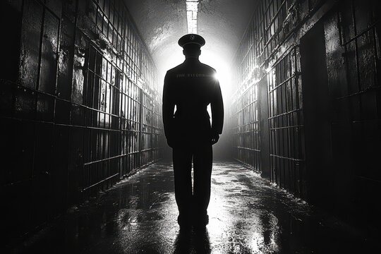 A solitary guard stands watch in a dimly lit prison corridor, his presence unwavering as the soft glow of evening light fills the background