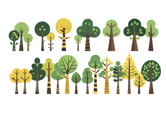 Trees set in Scandinavian kids style.Flat Vector Trees for Design elements with leaves, branches and trunks. Doodle naive forest plants. Diverse Set of Stylized Tree Illustrations in Flat Vector Style