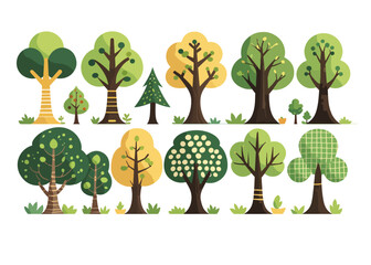 Trees set in Scandinavian kids style.Flat Vector Trees for Design elements with leaves, branches and trunks. Doodle naive forest plants. Diverse Set of Stylized Tree Illustrations in Flat Vector Style