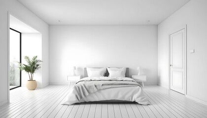 Elegant white bedroom interior with minimalist design and natural light