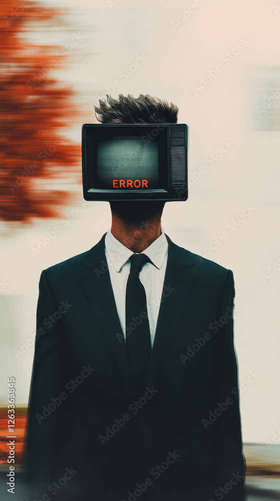 Poster exploring the disconnect: a surreal reflection on identity and technology through the persona of a m