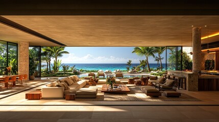 Obraz premium Luxurious beachfront living room, open-plan design, tropical oasis, ocean view