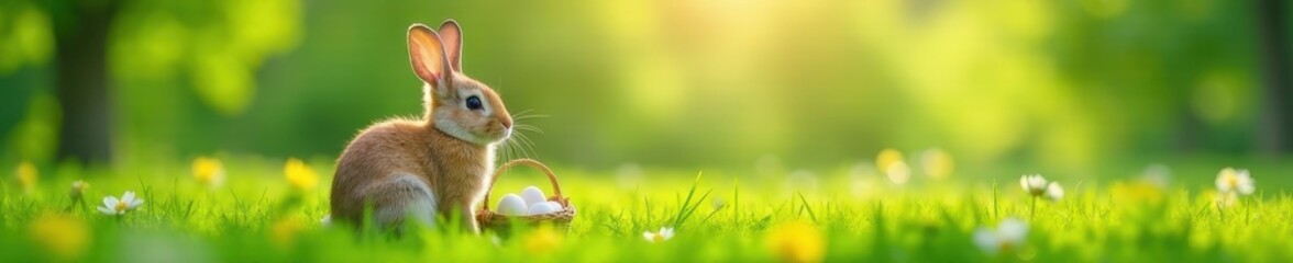 Fototapeta premium Bunny sits on green grass field with eggs in basket, flowers, meadow, field