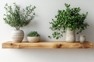 Fototapeta premium 3D Rendering of a Minimalist White Wall with a Floating Wooden Shelf