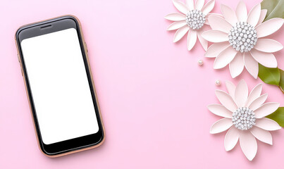 Elegant smartphone mockup on soft pink background adorned with beautiful artificial flowers and decorative pearls for creative projects and social media designs