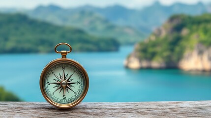 Magnetic compass on wood by serene lake nature photography rustic environment peaceful viewpoint