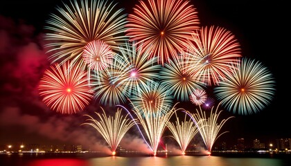 Spectacular fireworks display over water, festive celebration.