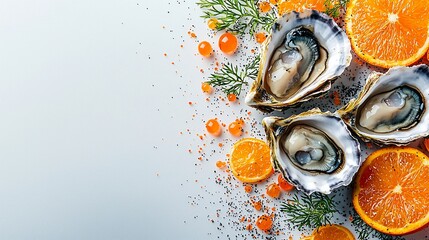 Fresh Oysters, Orange Slices, Caviar Garnish.  Food Photography, Restaurant Menu