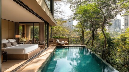 Luxurious bedroom, pool, and patio overlooking lush greenery