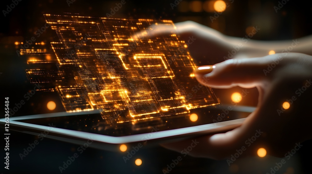 Poster glowing digital data flows from a tablet held in hands.