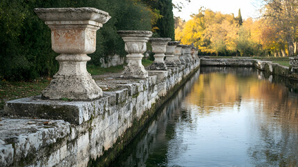 A row of ancient stone water fountains lined up along a natural spring