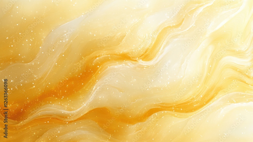 Poster a yellow and white background with a wavy line and a lot of sparkles. the background is a mix of gol