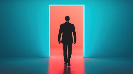Obraz premium Suited man walking through vibrant doorway modern studio high-resolution image artistic environment dynamic viewpoint