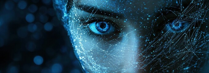 Close-Up of a Female Face Merging with Digital Network Elements