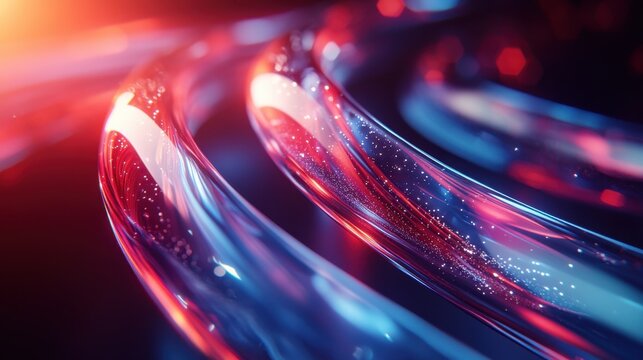 Abstract transparent glass helical strand with intersecting ruby and glacier blue lines on a softly illuminated dusk background