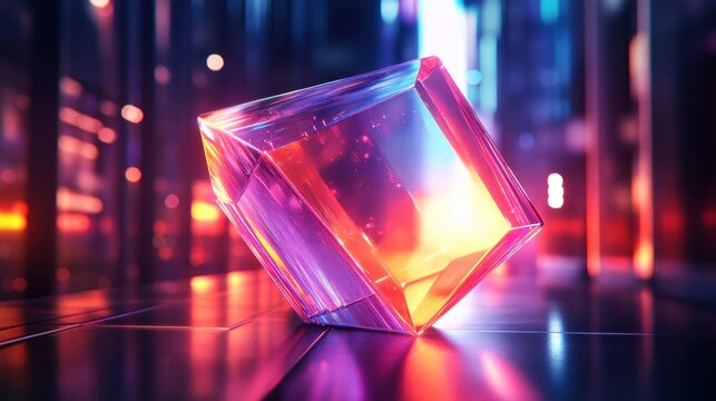 Abstract transparent glass diamond prism with ultra-thin neon lime and midnight violet lines on a blurred ethereal background, 3D rendering.