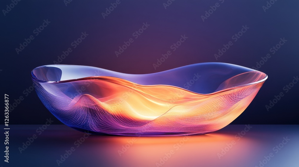 Poster abstract transparent glass elliptical wave with flowing peach and ultraviolet lines on a glowing dee