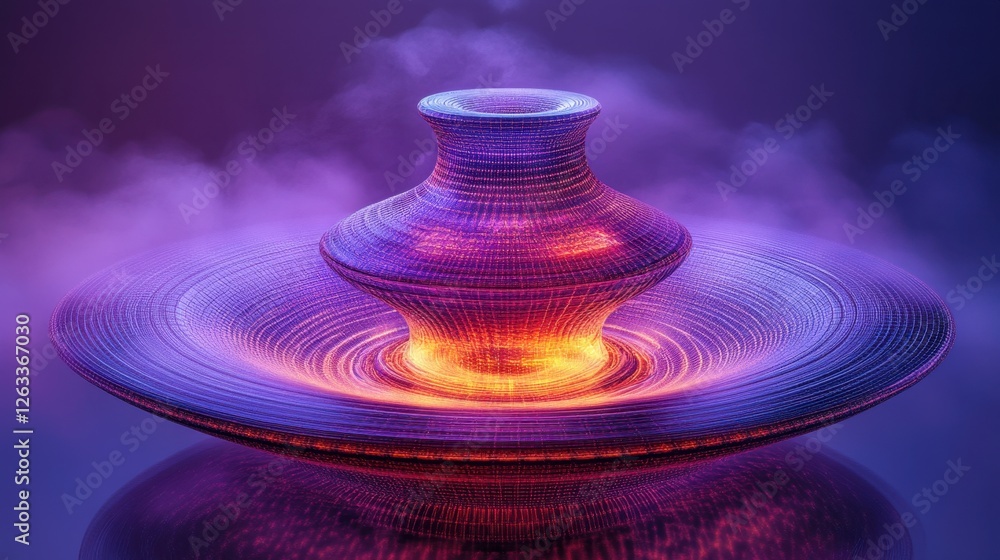Poster abstract transparent glass hyperboloid with oscillating purple and fiery amber lines on a foggy cosm
