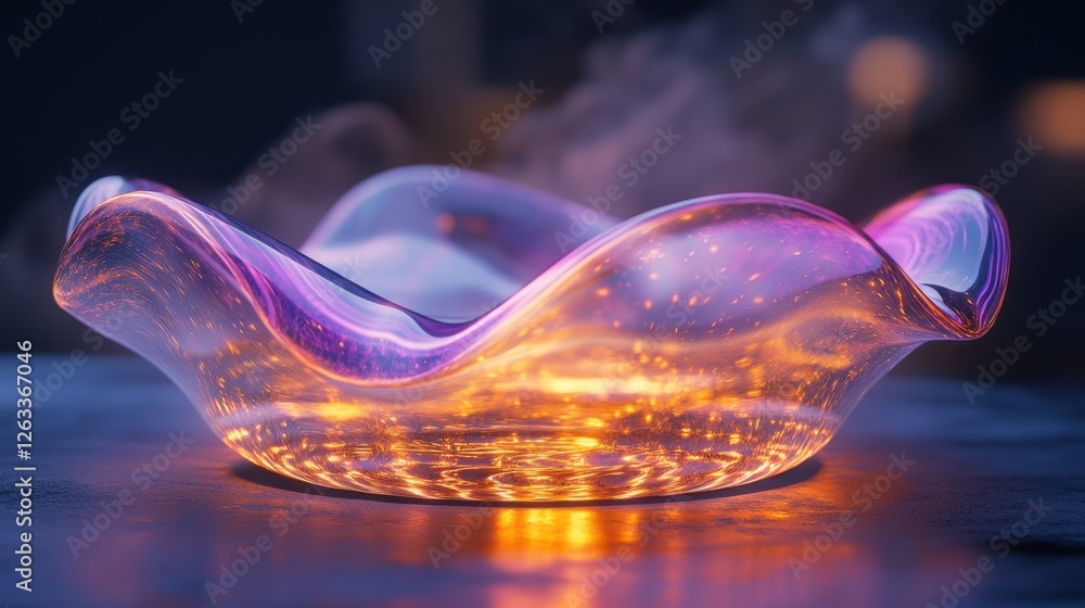 Aufkleber abstract transparent glass hyperboloid with oscillating purple and fiery amber lines on a foggy cosm