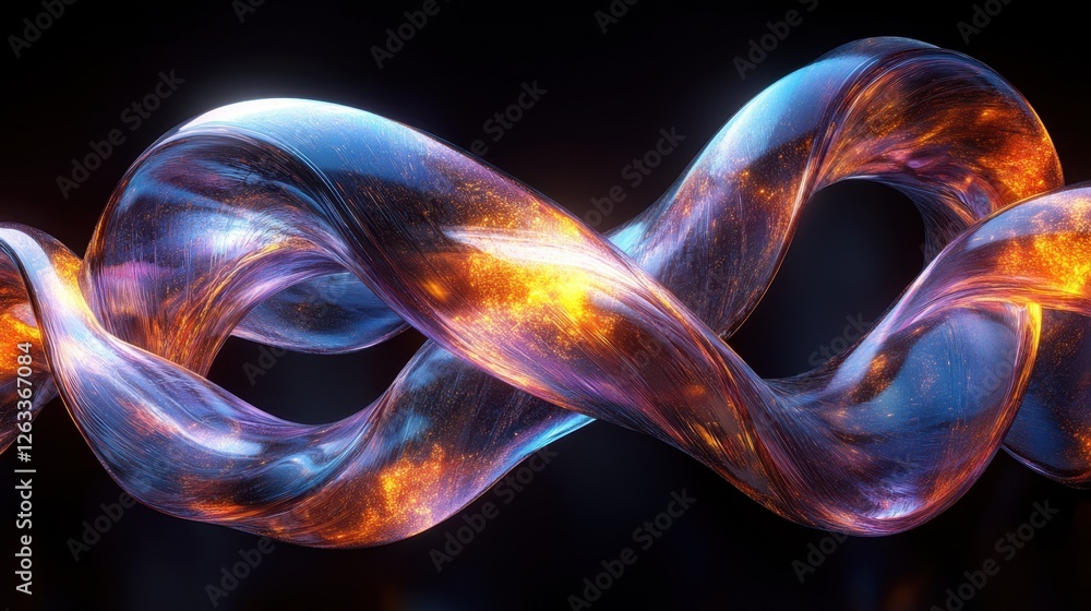 Poster abstract transparent glass twisted ribbon with neon cyan and warm gold lines on a velvety deep black
