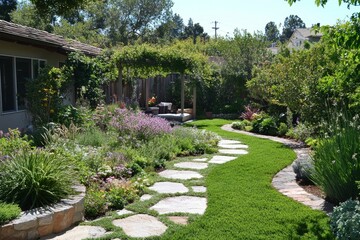 Serene garden path winds through lush blooms.