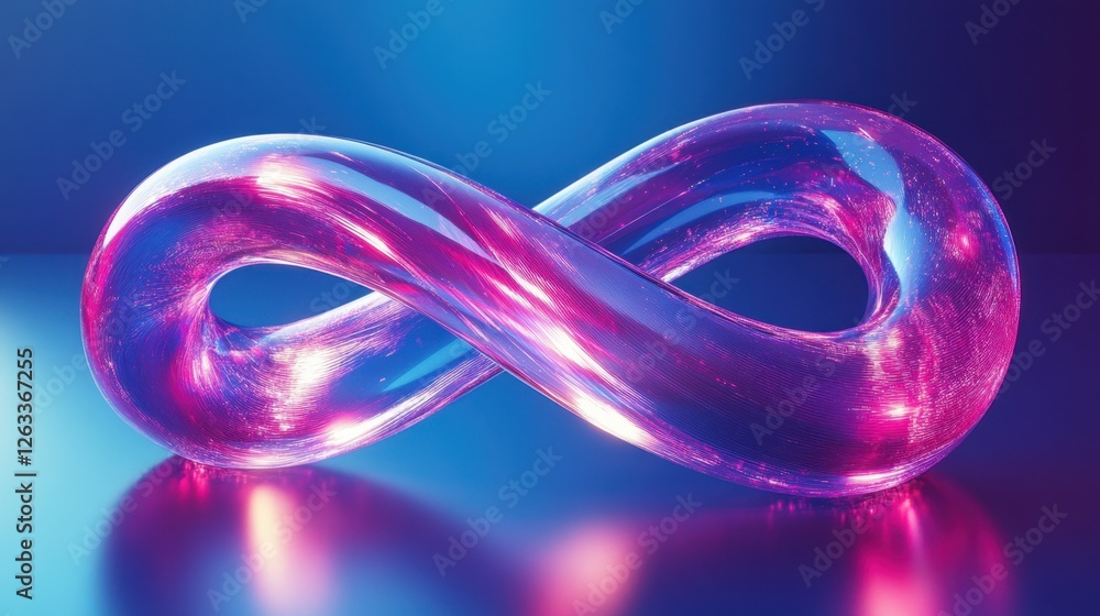 Poster abstract transparent glass infinity loop with soft lilac and glowing sapphire lines on a radiant sky