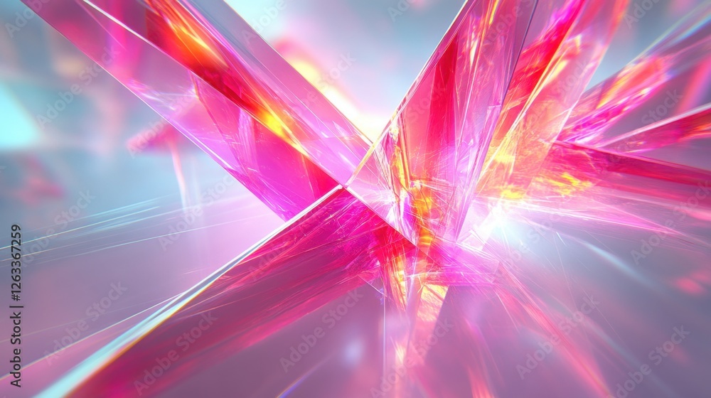 Poster abstract transparent glass prism with pulsating magenta and electric green lines on a crystalline wh