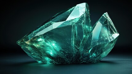 Abstract transparent glass geometric sculpture with deep indigo and shimmering emerald lines on a dark carbon background, 3D rendering illustration of futuristic abstract shape