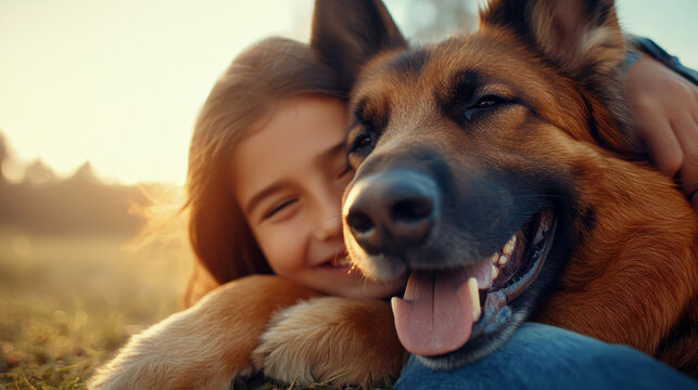 A joyous child hugs a smiling dog, capturing a beautiful moment in nature during sunset, evoking warmth, happiness, and the bond between pets and their owners.