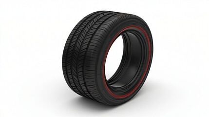 Black tire with red stripe, studio shot, white background, automotive