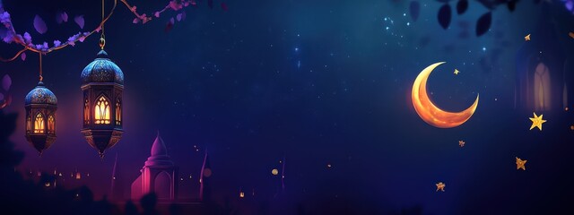 Islamic background with lantern and night stars crescent moon place for text, ramadan banner orientation