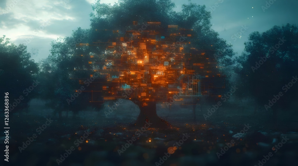 Poster glowing digital data tree in a dark forest.
