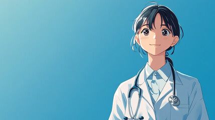 Young female healthcare professional with stethoscope smiling confidently against a soft blue background in an anime style illustration