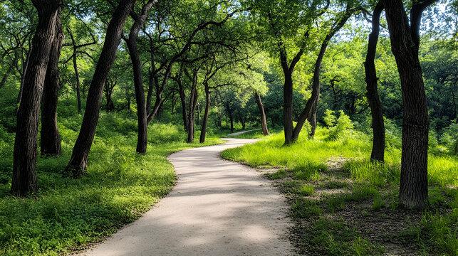 A tree-lined hiking trail winding through a lush green forest, symbolizing adventure and outdoor exploration