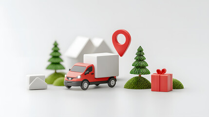 colorful delivery truck surrounded by trees, gifts, and houses symbolizes logistics and transportation. This playful scene captures essence of delivery services and holiday cheer