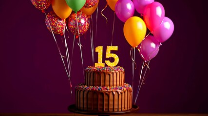 Festive 15th birthday celebration with colorful balloons and chocolate cake