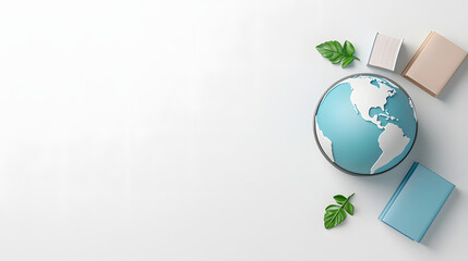 close up of globe surrounded by travel books and green leaves, symbolizing exploration and adventure. Perfect for travel enthusiasts and educational themes