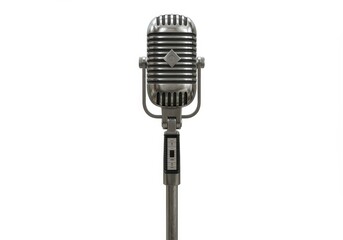 Fototapeta premium A metallic vintage-style microphone on a sturdy stand isolated on a white background