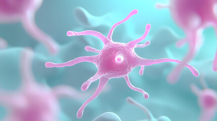 close up, ultra detailed 3D visualization of pink neuron cell, showcasing its intricate structure and connections in soft focus background. This highlights beauty of cellular biology