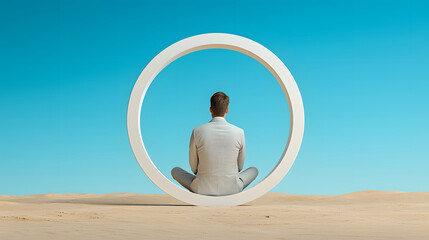 man in suit sits cross legged inside large circular frame in desert landscape, symbolizing contemplation and focus. clear blue sky enhances serene atmosphere