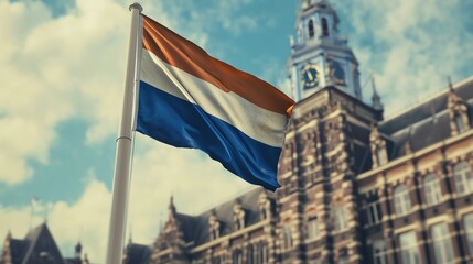 Dutch flag soaring in front of the iconic architecture of Amsterdam city center