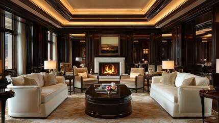 Luxurious, elegant, formal living room with fireplace, mountain view. Use Interior design, hospitality, luxury travel