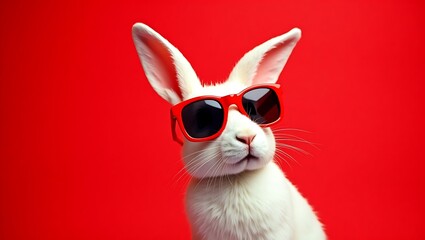 Cool bunny with sunglasses on colorful background. Easter holiday concept.