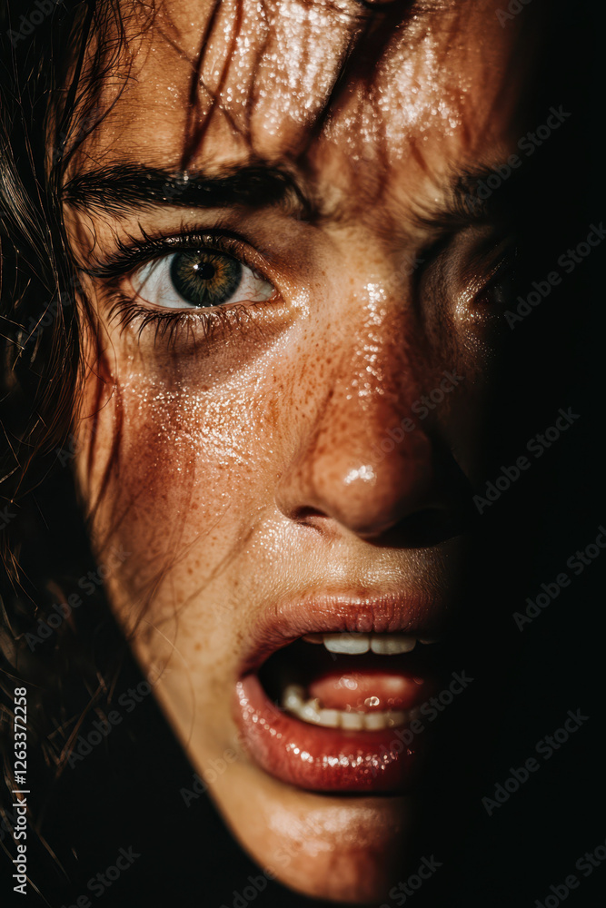 Poster an intense close-up portrait capturing raw emotion and fear, showcasing the depth of human expressio