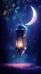 lantern, crescent, vertical, night sky, space for text, Ramadan, background