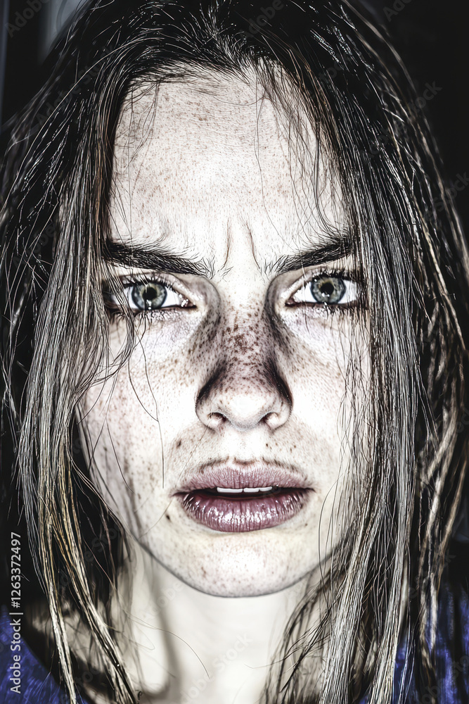 Poster a captivating close-up portrait exploring intense emotion and expression in human faces, highlightin